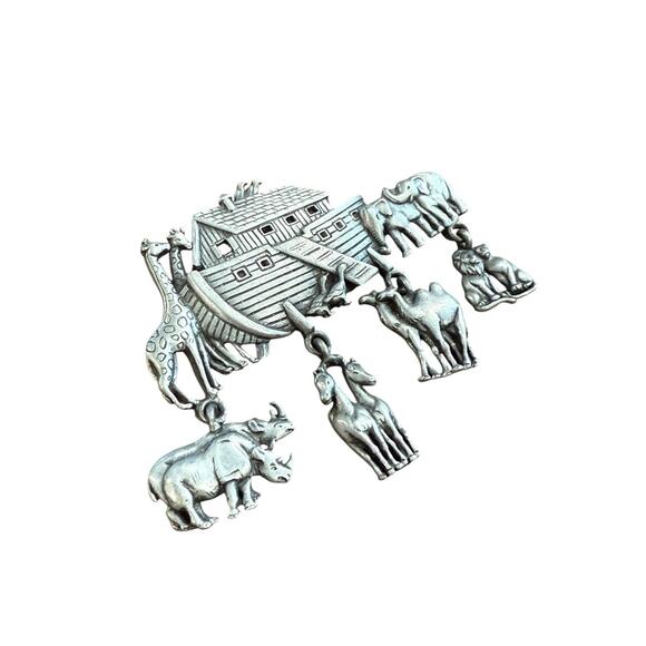 Noahs Ark JJ Jonette Jewelry Signed Brooch Pin Pewter Dangling Animal Pairs VTG - Picture 2 of 8